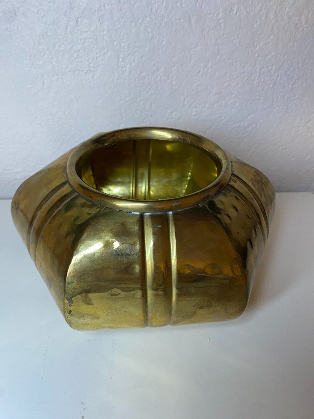 Vintage Hammered Brass Hexagonal Planter Bowl Cachepot Ribbed Made in India